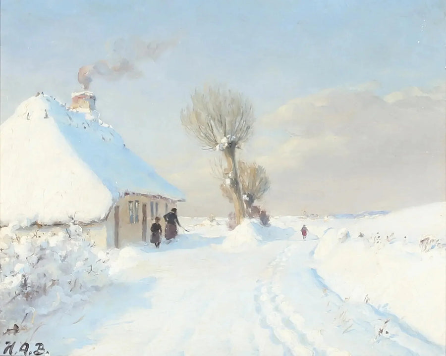 Día de invierno soleado con madre e hijo frente a una cabaña. - H. A. Brendekilde