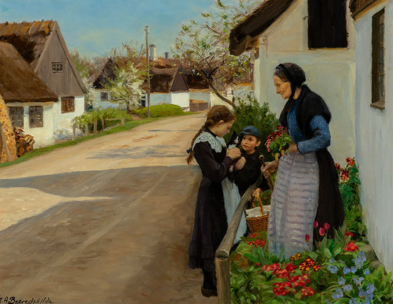 Día de primavera en el pueblo. El gatito se regala a la abuela. - H. A. Brendekilde