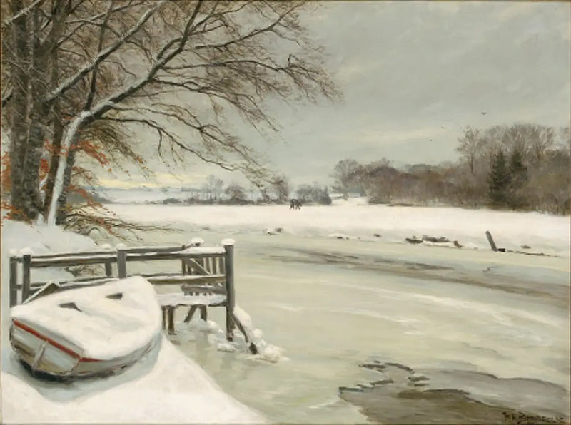 Día de invierno junto a un arroyo, con cazadores en el fondo. - H. A. Brendekilde