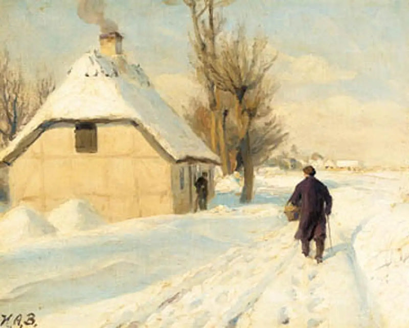 Día de invierno cerca de una casa con techo de paja. Un hombre camina por la carretera nevada. - H. A. Brendekilde