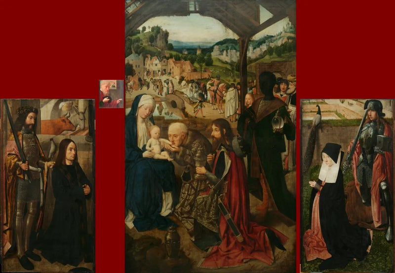 La adoración de los Reyes Magos, retablo con puertas abatibles; puerta izquierda: el donante con san Bavón; puerta derecha: la esposa del donante con san Adrián - Geertgen tot Sint Jans