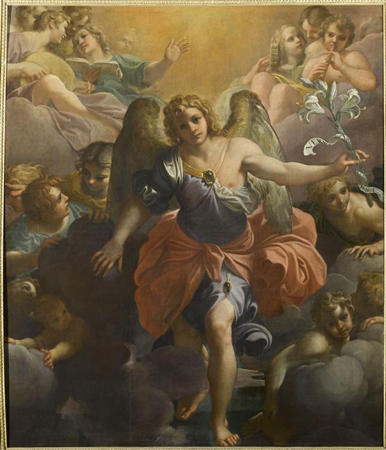 El ángel Gabriel en una gloria de ángeles músicos y querubines - Annibale Carracci