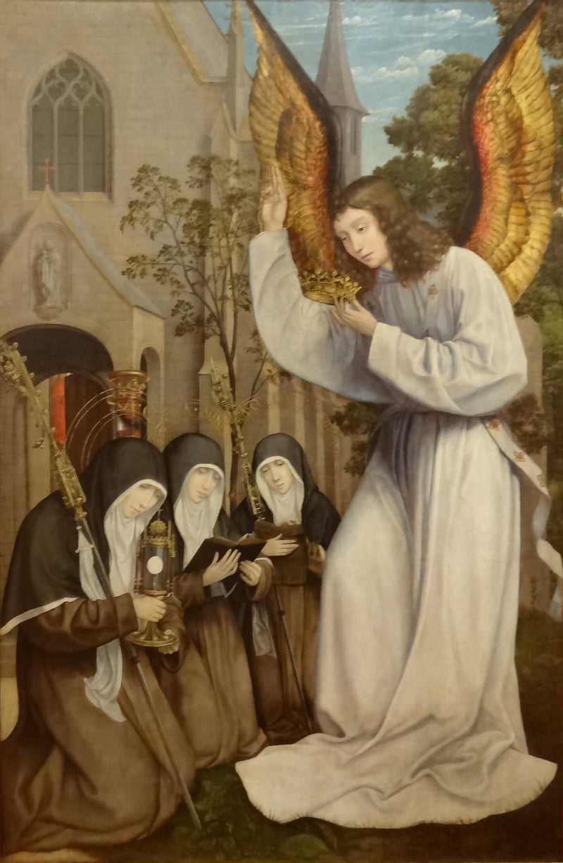 La aparición del ángel a Santa Clara, Santa Inés de Asís y Santa Coleta de Corbie - Quentin Metsys