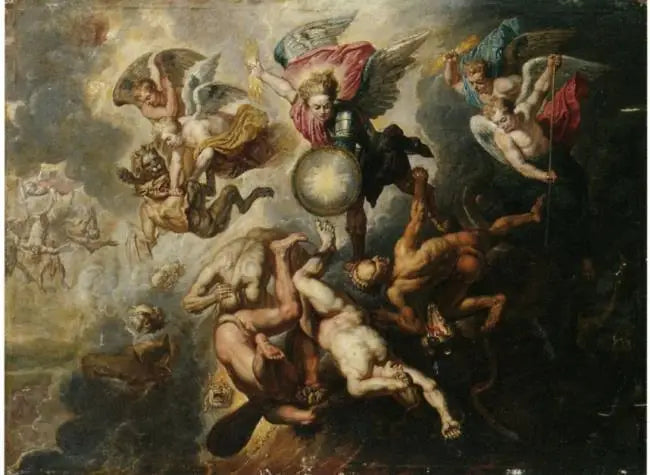 El arcángel Miguel persiguiendo a los ángeles rebeldes (Apocalipsis 12:7-9, siglo XVII) - Peter Paul Rubens