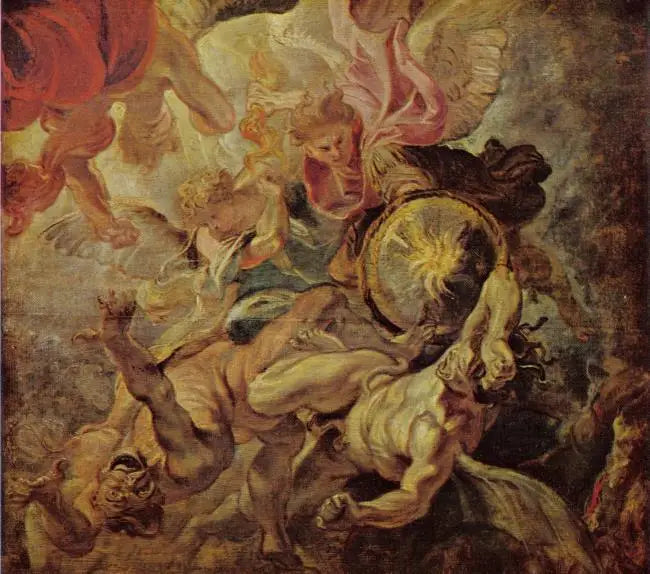 El arcángel Miguel vence a Satanás y a los ángeles rebeldes (Apocalipsis 12:7-9), 1620 - Peter Paul Rubens