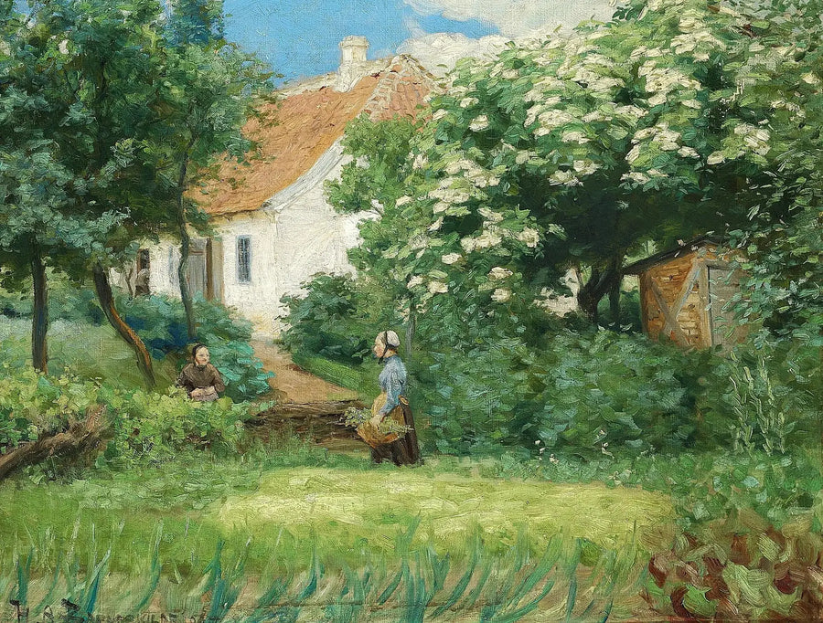El verano en el jardín. Dos mujeres conversan cerca de un castaño en flor. - H. A. Brendekilde