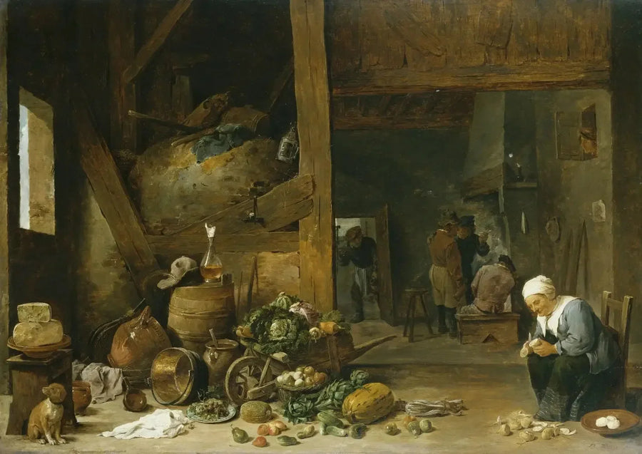 El interior de una cocina con una anciana pelando nabos - David Teniers el Joven