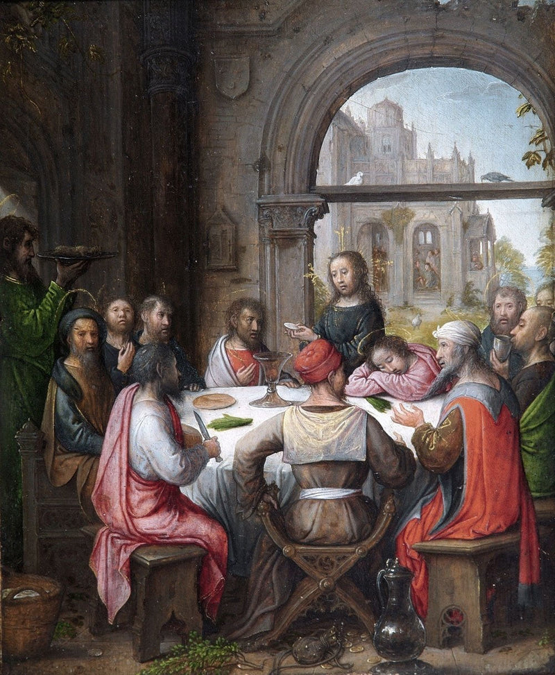La Última Cena con la institución de la Eucaristía y el lavamiento de pies por Cristo - Juan de Flandes