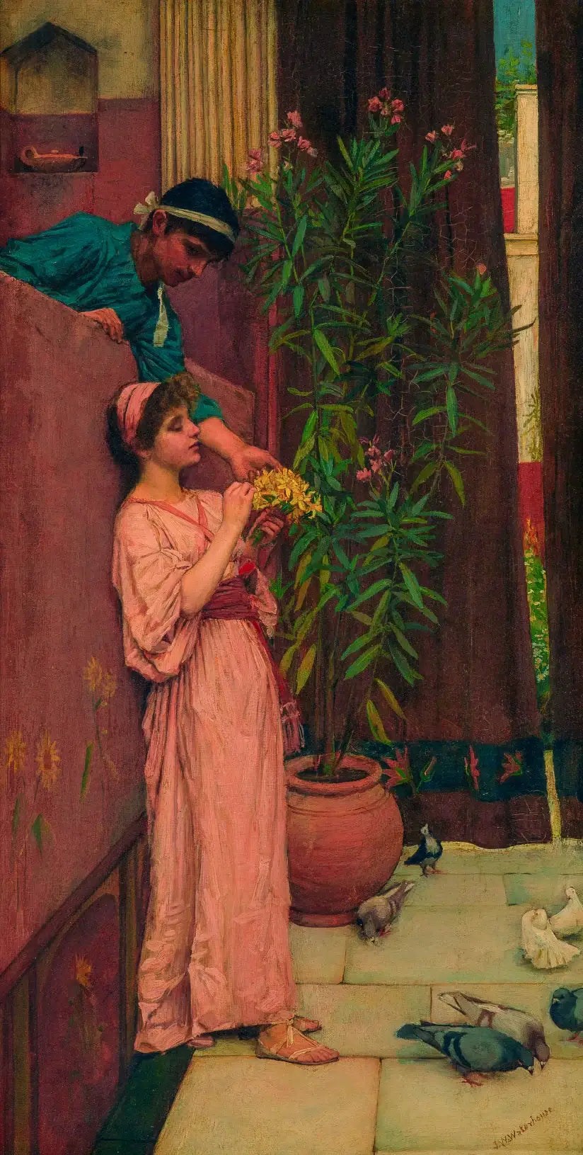Reproduction du tableau « La cour / Les offrandes sucrées - John William Waterhouse » par Alpha Reproduction en peinture à l’huile