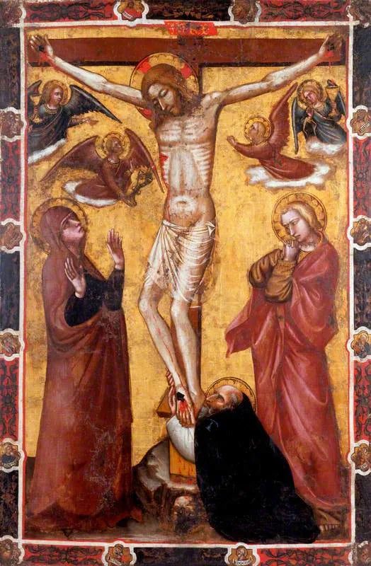 La Crucifixión con la Virgen y san Juan; san Antonio abad al pie de la cruz (un lado de una bandera procesional) (antiguamente atribuida a Barnaba da Modena) - Spinello Aretino