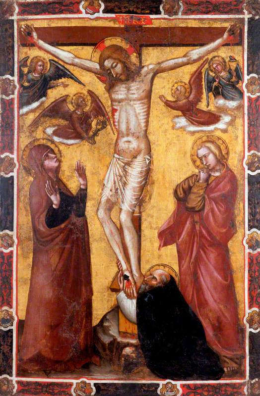 La Crucifixión con la Virgen y san Juan; san Antonio abad al pie de la cruz (un lado de una bandera procesional) (antiguamente atribuida a Barnaba da Modena) - Spinello Aretino
