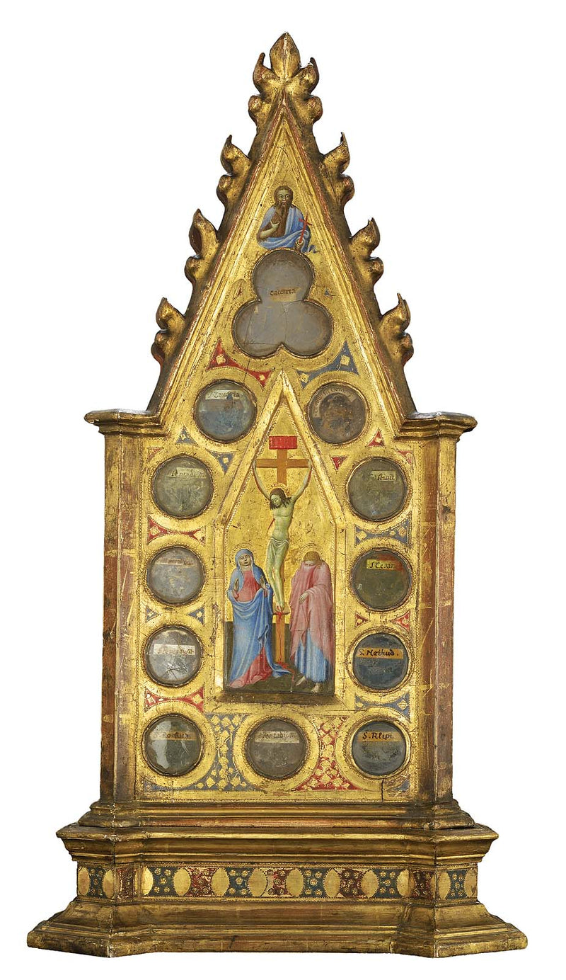 La Crucifixión con la Virgen y san Juan, con san Juan Bautista (arriba); un santo franciscano en oración frente a una visión de Cristo y los santos, con un santo (arriba) (anverso y reverso) - Maestro de la Osservanza