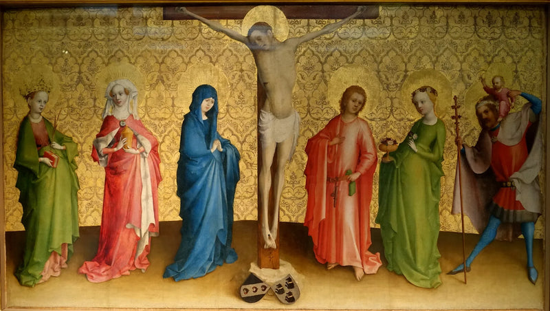 La crucifixión de Cristo con los santos - Stefan Lochner