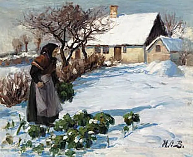 La mujer de un granjero cosechando col en el jardín en invierno. - H. A. Brendekilde