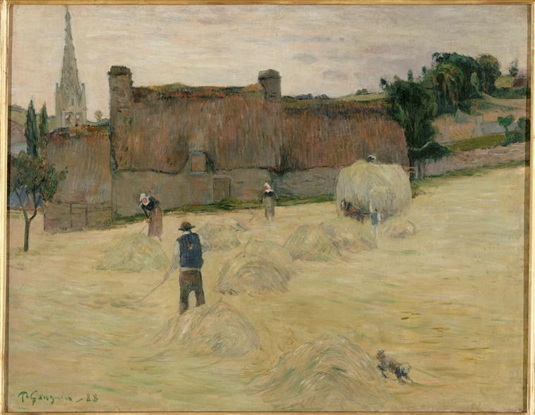 Reproduction du tableau « La Fenaison en Bretagne (recto) ; Bouquet de fleurs devant une fenêtre ouverte sur la mer (verso) - Paul Gauguin » par Alpha Reproduction en peinture à l’huile