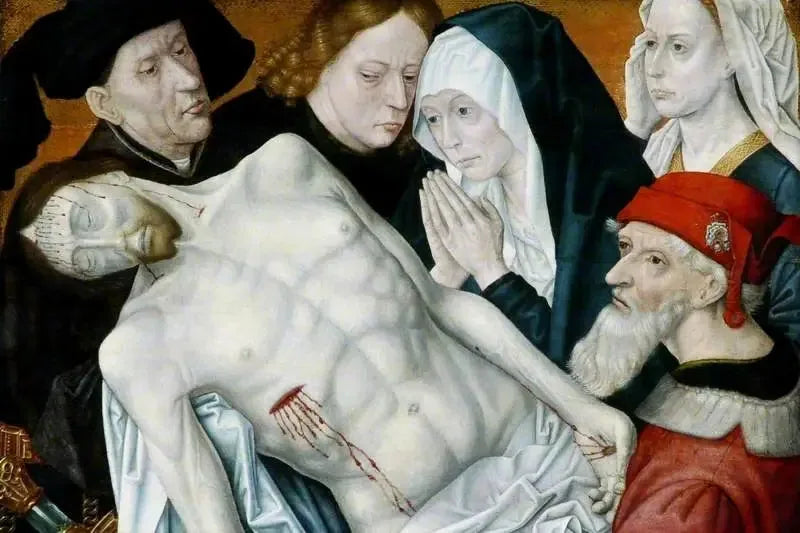 La Lamentación, el Cristo muerto sostenido por Juan Bautista, José de Arimatea y Nicodemo con la Virgen María y María Magdalena - Hugo van der Goes