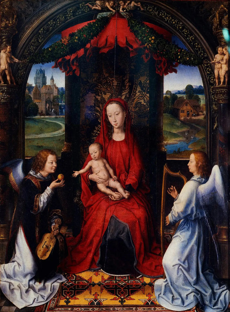 La Madonna coronada con el niño y dos ángeles músicos - Hans Memling
