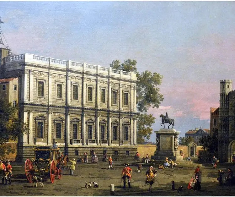 La Casa de los Banquetes y la Puerta Holbein, Whitehall, con la estatua ecuestre del rey Carlos I - Canaletto