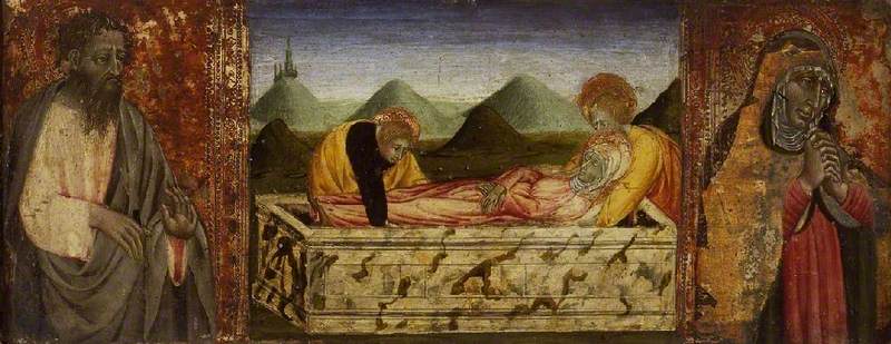 La sepultura de la Virgen con san Bartolomé (a la izquierda) y una santa (a la derecha) - Giovanni di Paolo