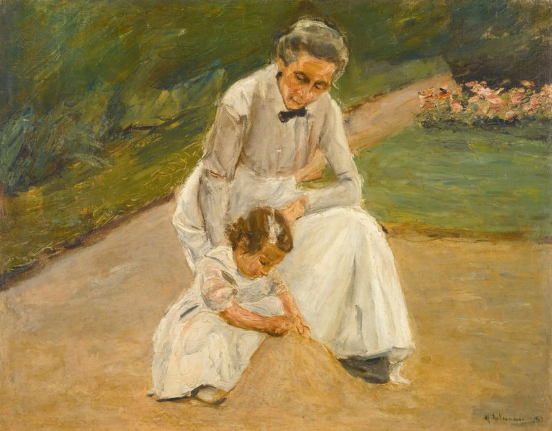 La nieta del artista y su niñera jugando en el jardín - Max Liebermann