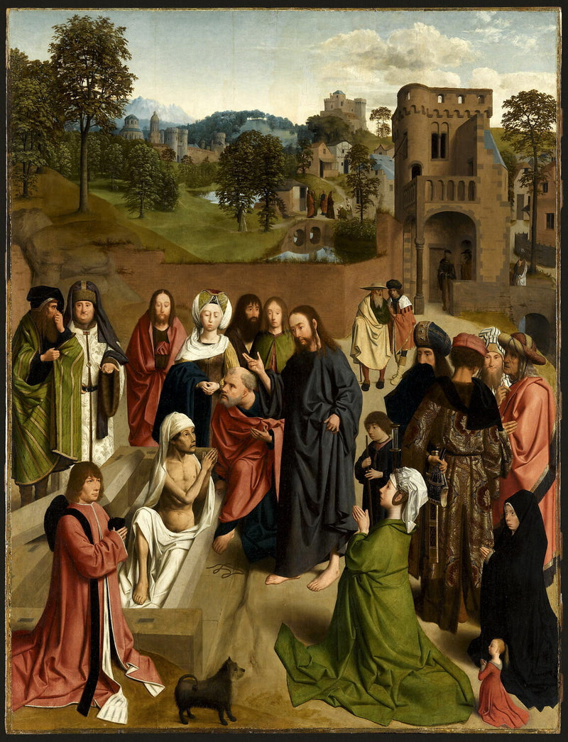 La Resurrección de Lázaro, con una pareja de donantes y su hija - Geertgen tot Sint Jans