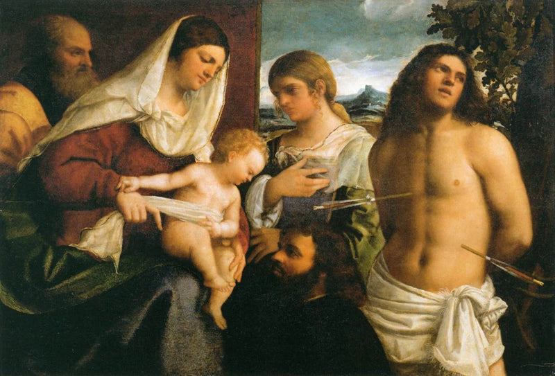 La Sagrada Familia con Santa Catalina, San Sebastián y un donante - Sebastiano del Piombo
