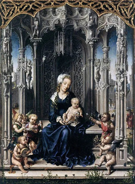 La Santa Virgen y el Niño, entre dos grupos de ángeles - Jan Gossaert