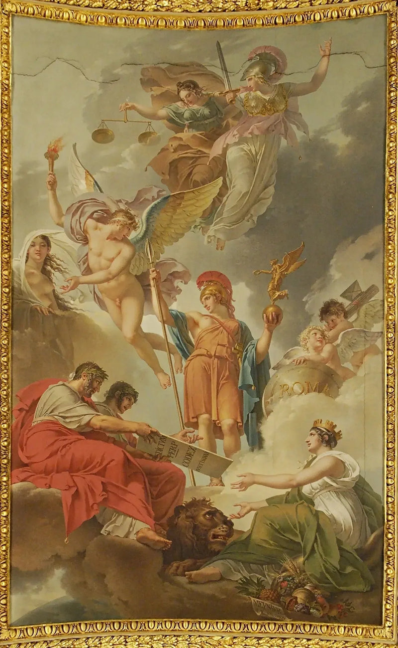 La Tierra recibiendo a los emperadores Adriano y Justiniano, el código de las leyes romanas dictadas por la naturaleza, la justicia y la sabiduría - Charles Meynier