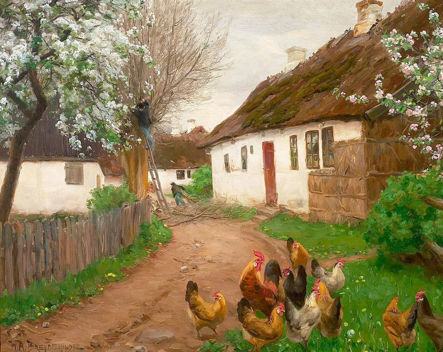 La vida del pueblo un día de primavera con gente y árboles. - H. A. Brendekilde