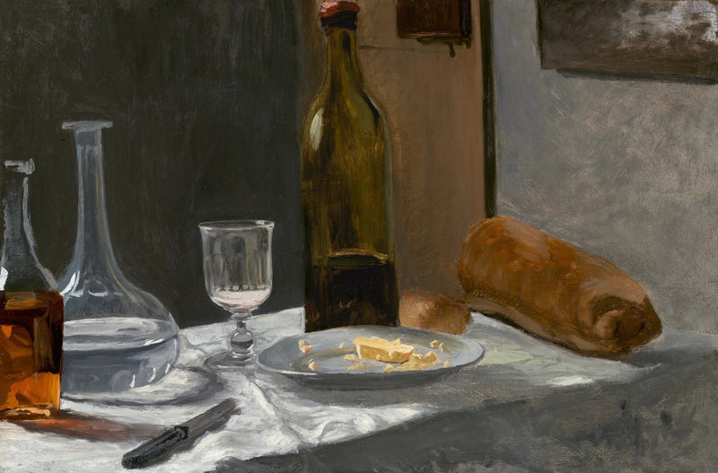 La naturaleza muerta con botella, jarra, pan y vino - Claude Monet