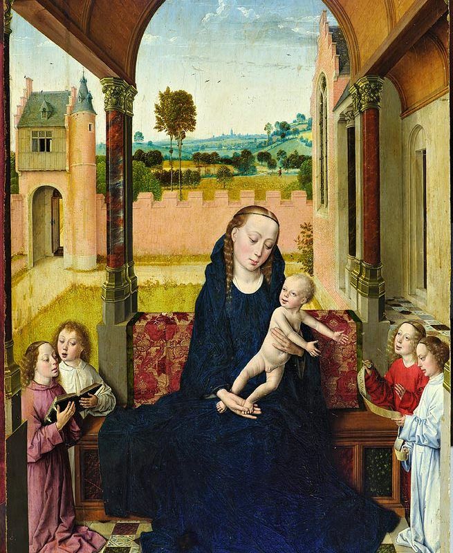 La Virgen con el Niño y ángeles en una logia - Dirk Bouts