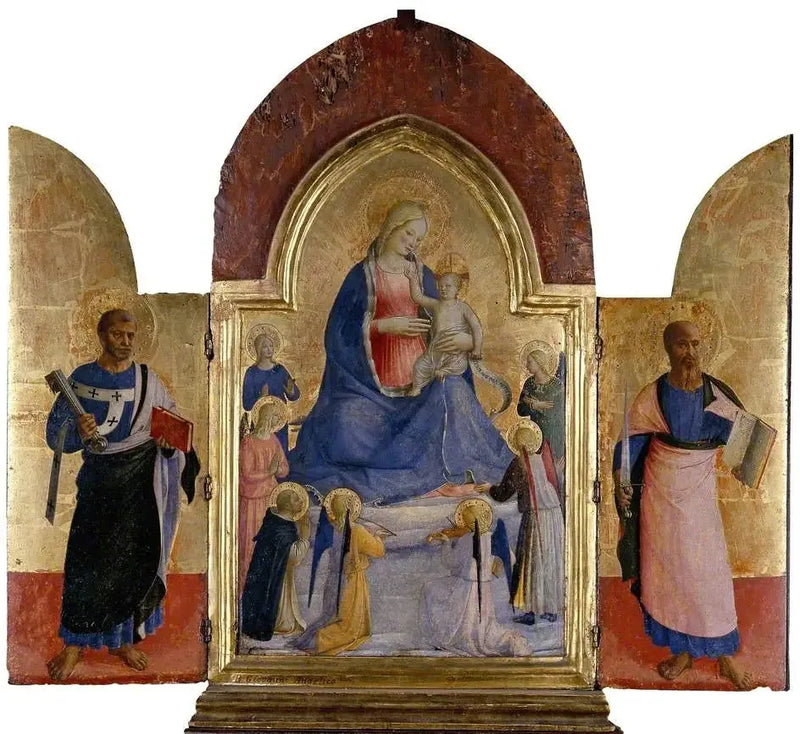 La Virgen con el Niño con ángeles y un santo dominico (en el centro); san Pedro (a la izquierda); san Pablo (a la derecha) - Fra Angelico