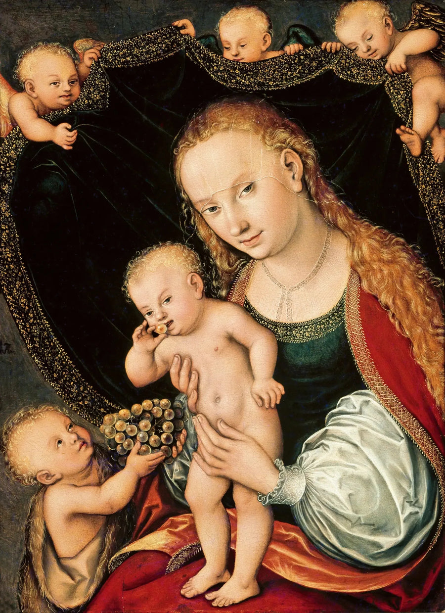 La Virgen con el Niño y el pequeño Juan Bautista con ángeles - Lucas Cranach el Viejo