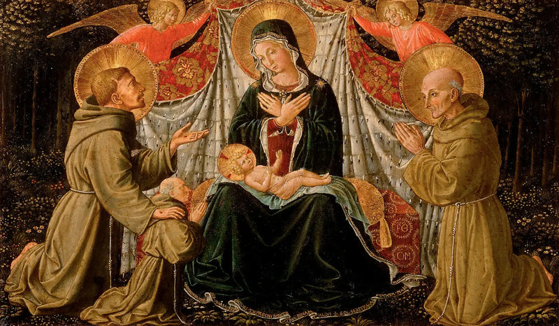 La Virgen con el Niño, san Francisco y el donante Padre Jacopo de Montefalco (a la izquierda) y san Bernardo de Siena (a la derecha) - Benozzo Gozzoli
