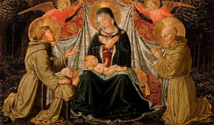 La Virgen con el Niño, san Francisco y el donante Padre Jacopo de Montefalco (a la izquierda) y san Bernardo de Siena (a la derecha) - Benozzo Gozzoli