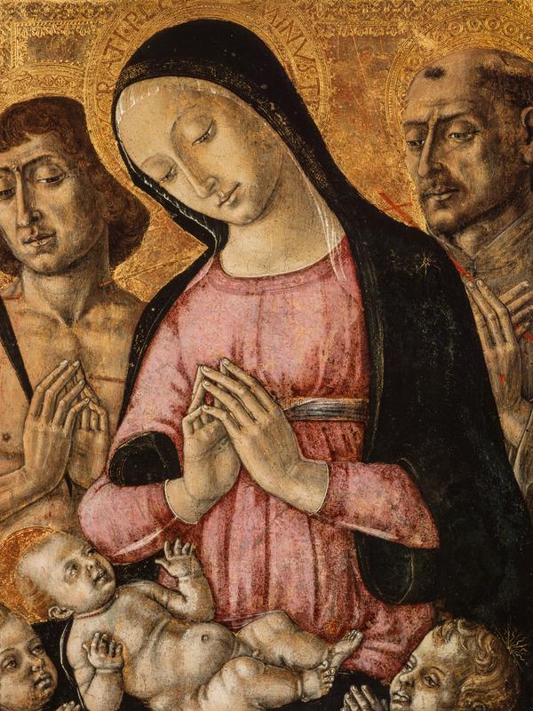 La Virgen con el Niño, san Sebastián, san Francisco y ángeles - Matteo di Giovanni
