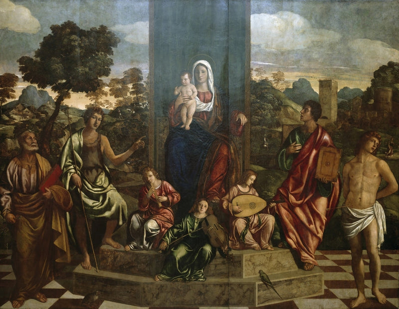 La Virgen con el Niño en majestad con los santos Pedro, Juan Bautista, Juan el Evangelista, Sebastián y tres ángeles músicos - Giovanni Bellini