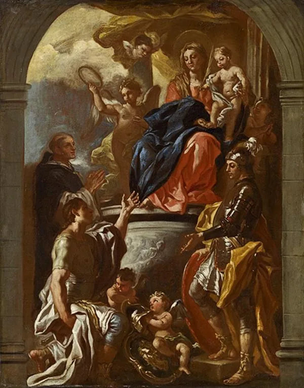 La Virgen con el Niño en trono con san Pedro mártir y dos santos guerreros - Francesco Solimena