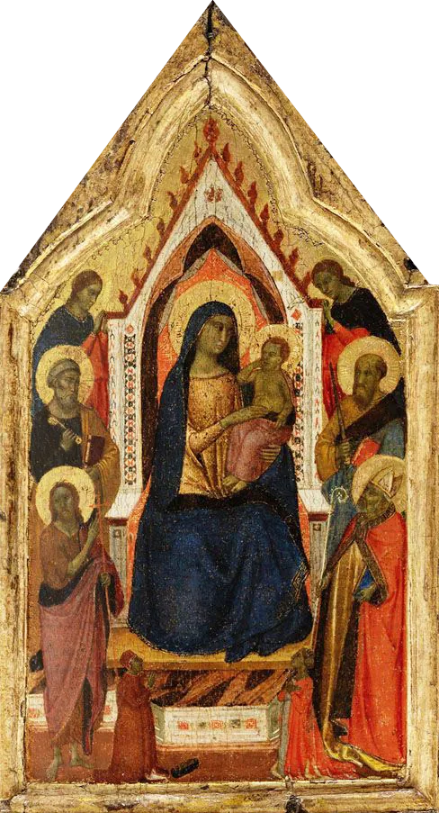 La Virgen con el Niño en trono, flanqueada por los santos Juan Bautista, Pedro, Pablo y Zeno (?) y dos ángeles, debajo de ellos dos donantes - Taddeo Gaddi