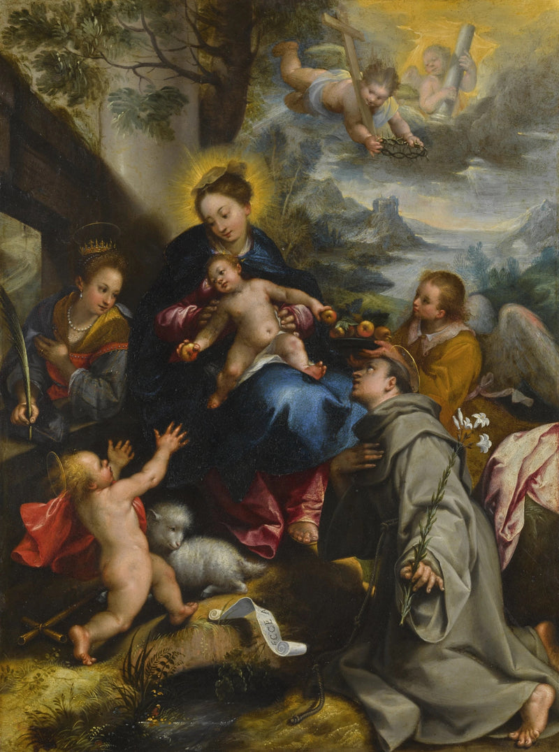 La Virgen con el Niño, Santa Catalina, San Domingo y el pequeño San Juan Bautista, un paisaje más allá - Denis Calvaert