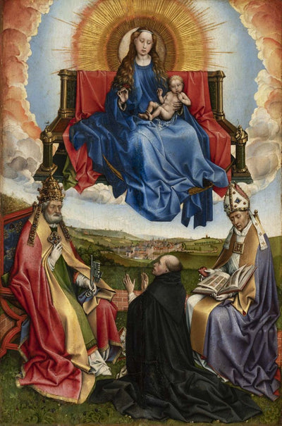 La Vierge en gloire entre saint Pierre et saint Augustin vénérée par un donateur - Robert Campin - Alpha Reproduction