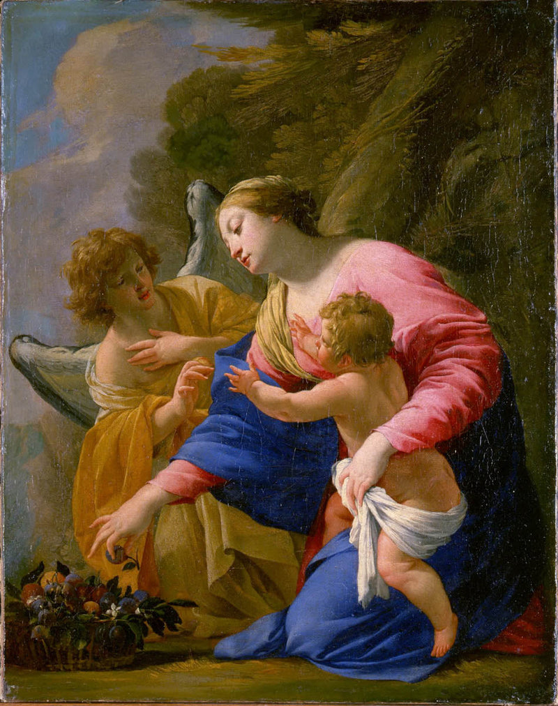 La Virgen y el Niño con una cesta de frutas con un ángel en un paisaje - Simon Vouet