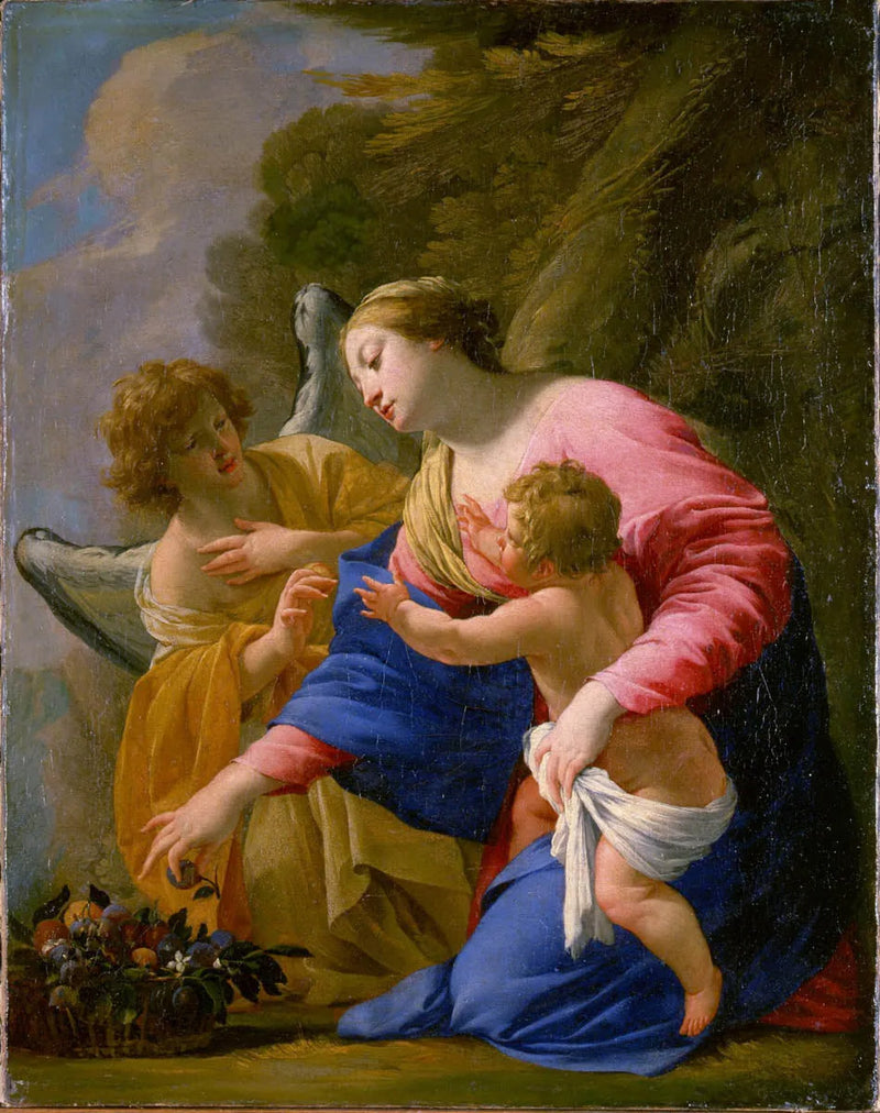 La Virgen y el Niño con una cesta de frutas con un ángel en un paisaje - Simon Vouet