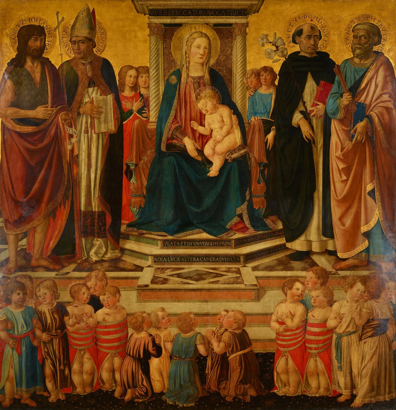 La Virgen y el Niño bendiciendo, que trona con los santos Juan, Agustín, Domingo, Pedro y las víctimas de la masacre de niños betemiticos