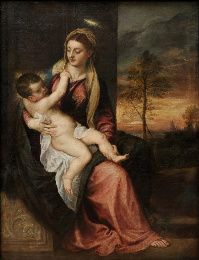 La Virgen y el Niño en un paisaje vespertino - Tiziano