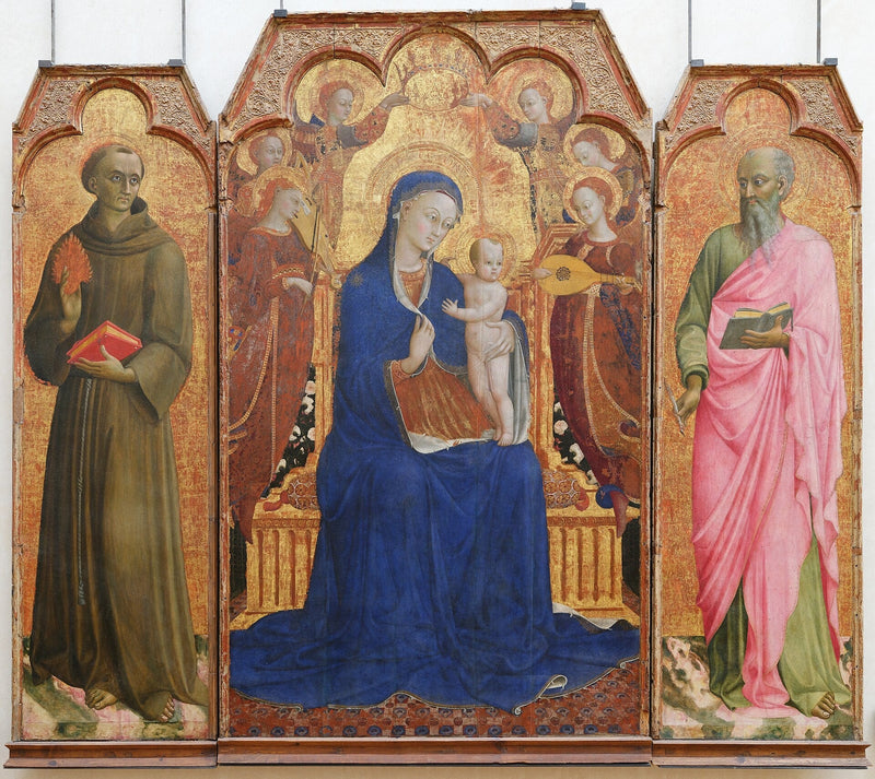 La Virgen y el Niño rodeados de ángeles, San Antonio de Padua y San Juan Evangelista - Stefano di Giovanni (Sassetta)