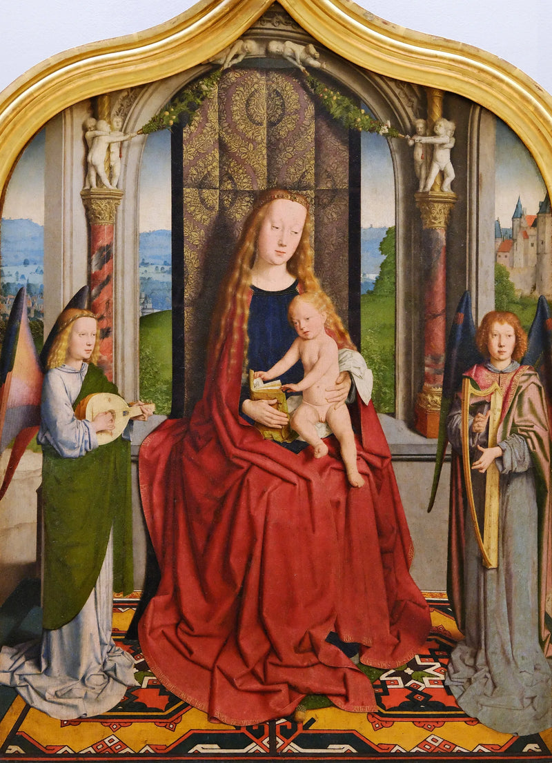 La Virgen y el Niño en trono como reina del cielo, entre dos ángeles músicos - Gérard David