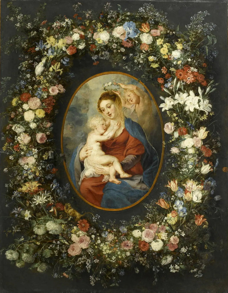 La Virgen, el niño Jesús y un ángel en medio de una guirnalda de flores - Peter Paul Rubens