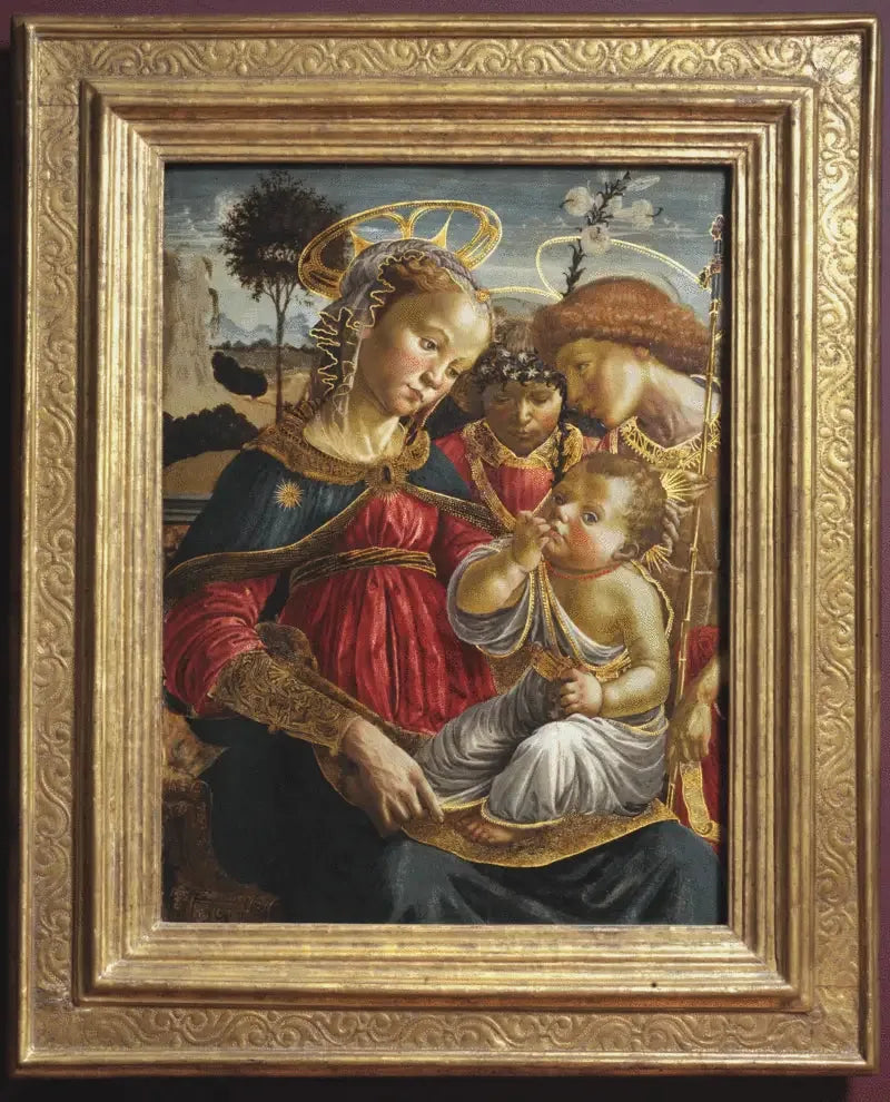 La Virgen, San Juan Bautista y un ángel adorando al Niño Jesús - Sandro Botticelli