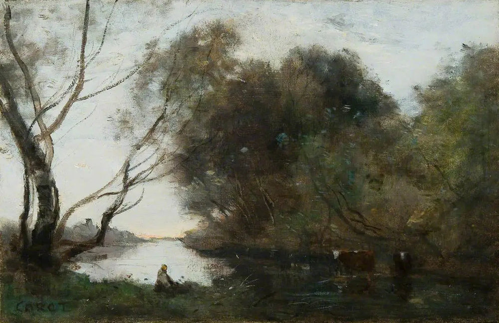 Lac : Coucher de soleil - Jean-Baptiste Camille Corot image 1 copie peinte à la main à l’huile